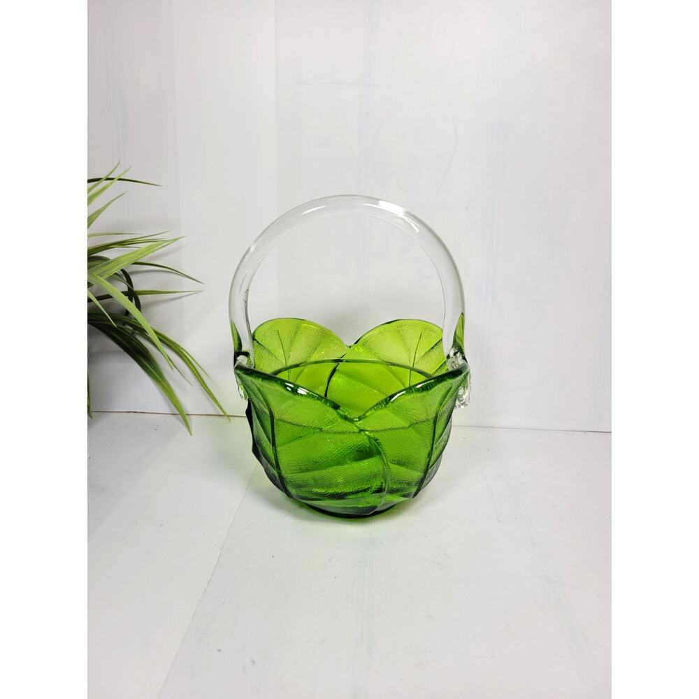 Viking Glass Epic Leaf Basket Green Vintage MCM Art Glass Clear Applied Handle